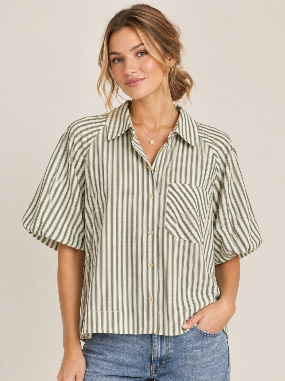 Entro Striped Short-Sleeve Button-Up Shirt in Sage Green and White with Pocket